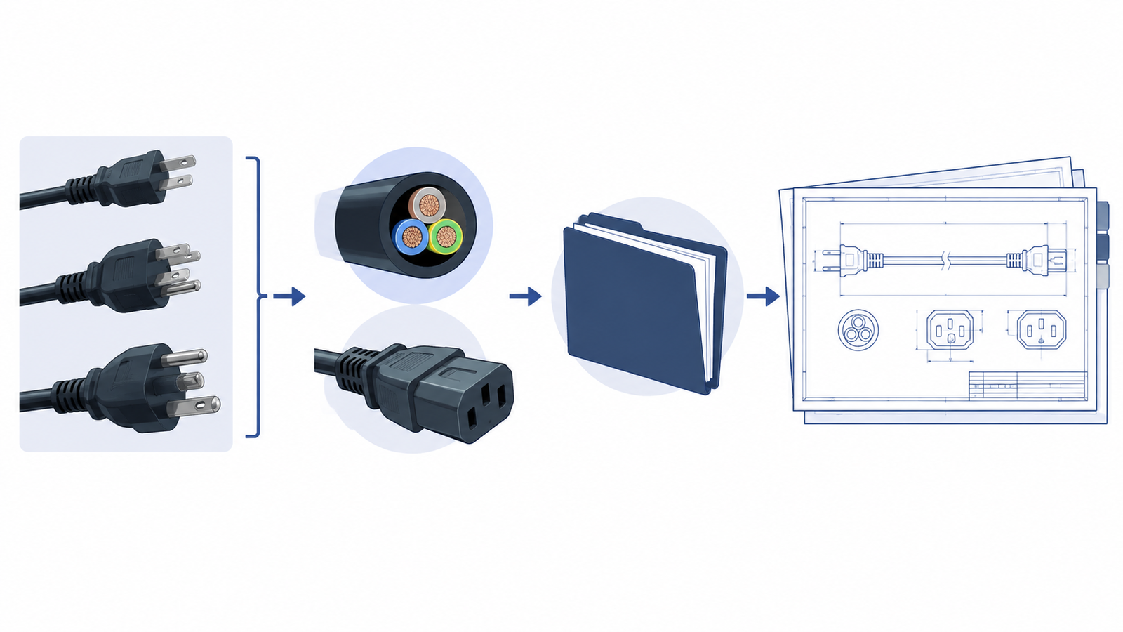 RFQ confirmation flow from plug and equipment connection to cable, documents, and drawing revision for a Brazil power-cord project